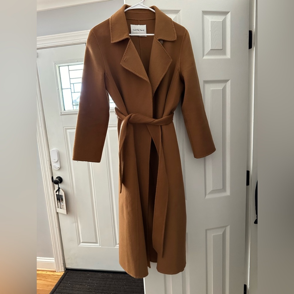 Gentle herd belted wrap trench coat 100% wool
